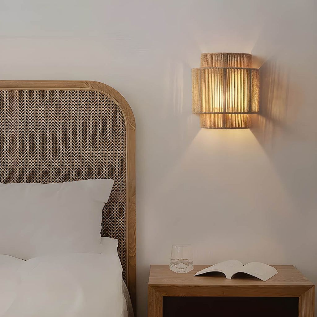 Wall Sconce with Woven Jute Rope Tiered Shade and Translucent Diffuser - Image 2