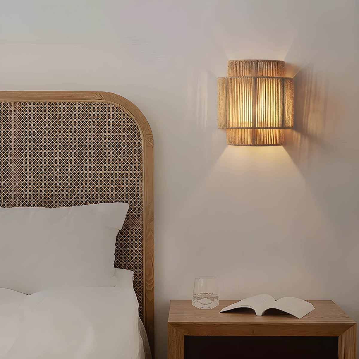 Wall Sconce with Woven Jute Rope Tiered Shade and Translucent Diffuser - Image 2