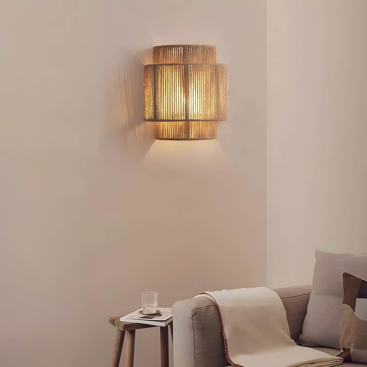Wall Sconce with Woven Jute Rope Tiered Shade and Translucent Diffuser - Image 3