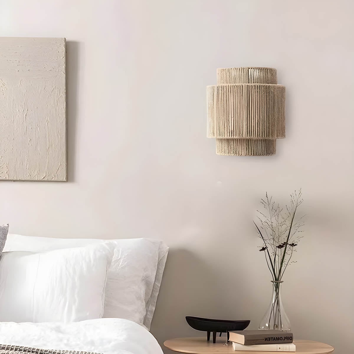 Wall Sconce with Woven Jute Rope Tiered Shade and Translucent Diffuser - Image 4