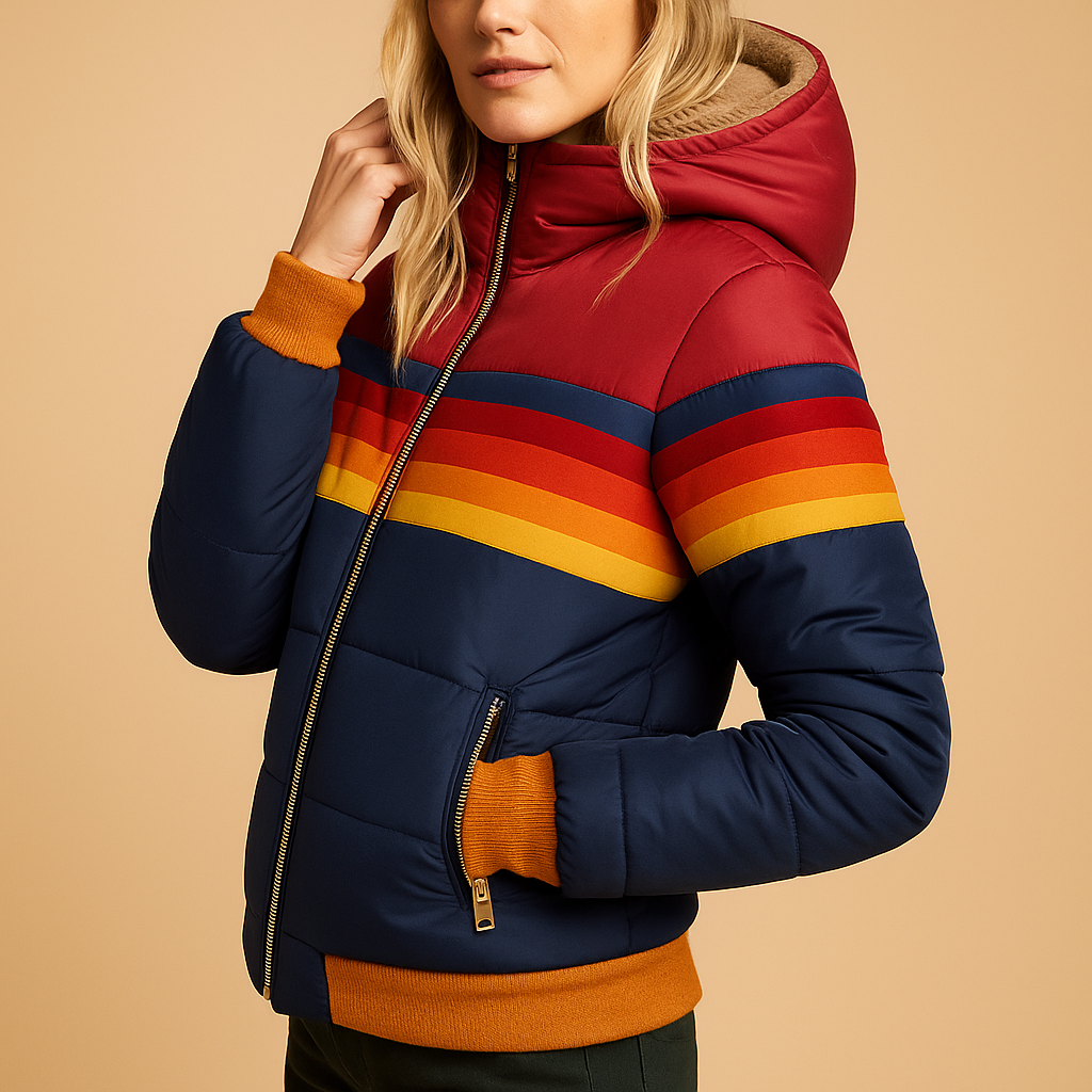 Women’s warm hooded winter coat with a flattering fit and insulated lining, ideal for cold days, work, travel, and festive outings.