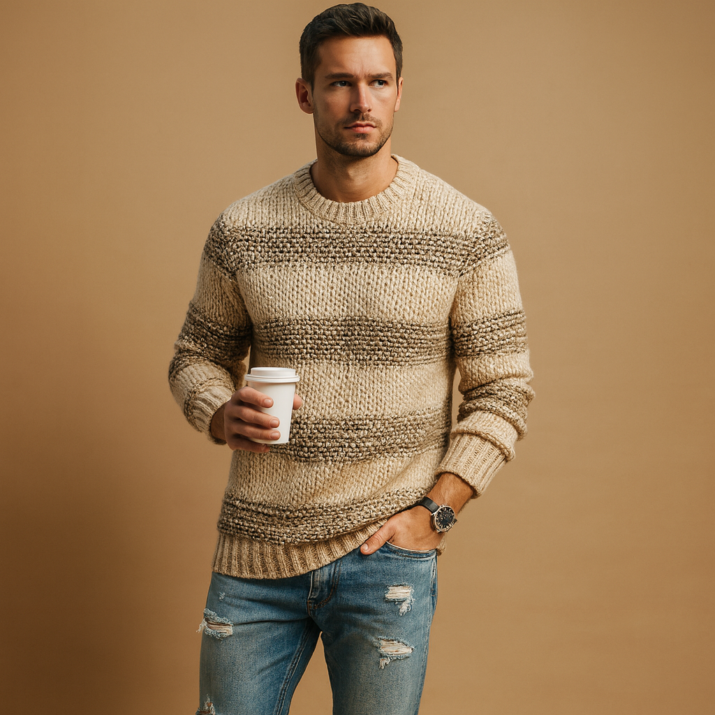 Men’s warm Norwegian knit sweater with chunky texture and classic Nordic details, perfect for autumn and winter casual or formal looks.