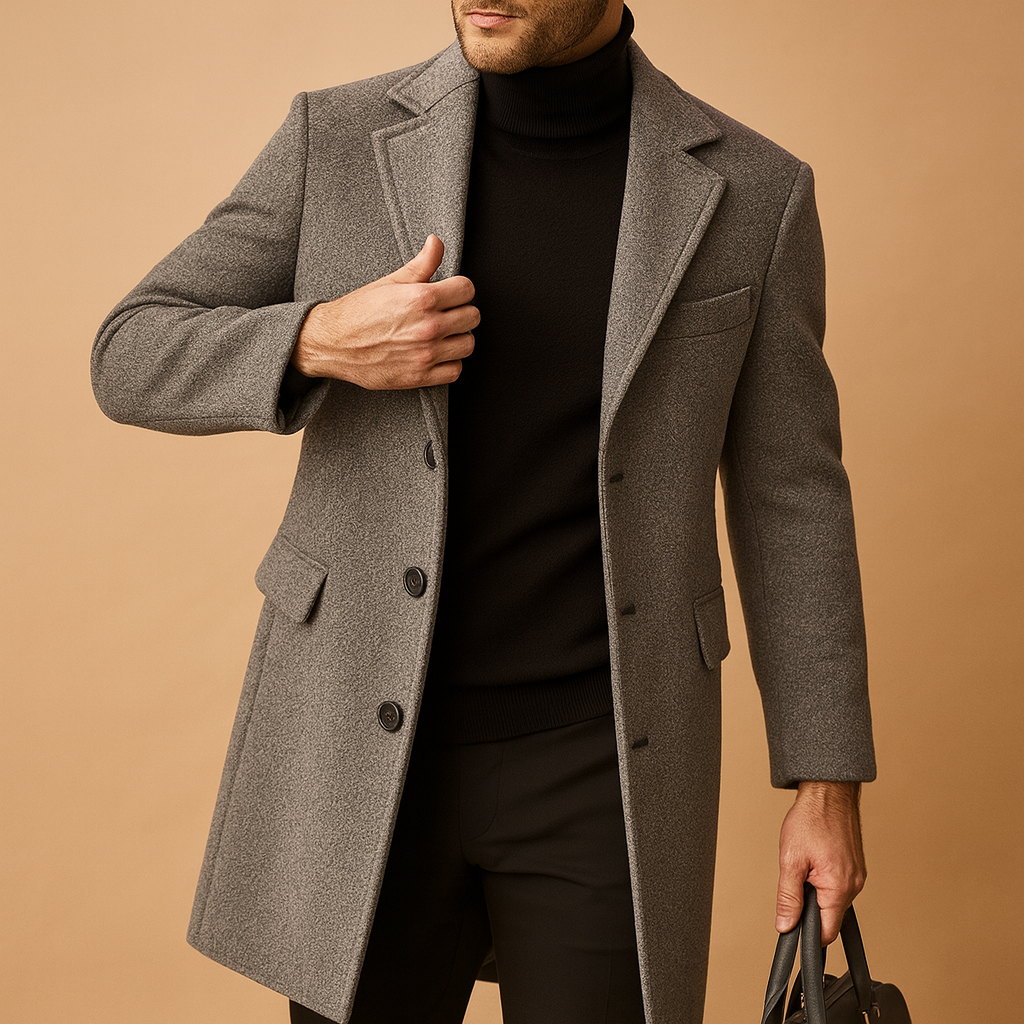 Men’s warm overcoat with a relaxed fit and elegant design, suitable for daily wear, business settings, and formal occasions during autumn and winter.