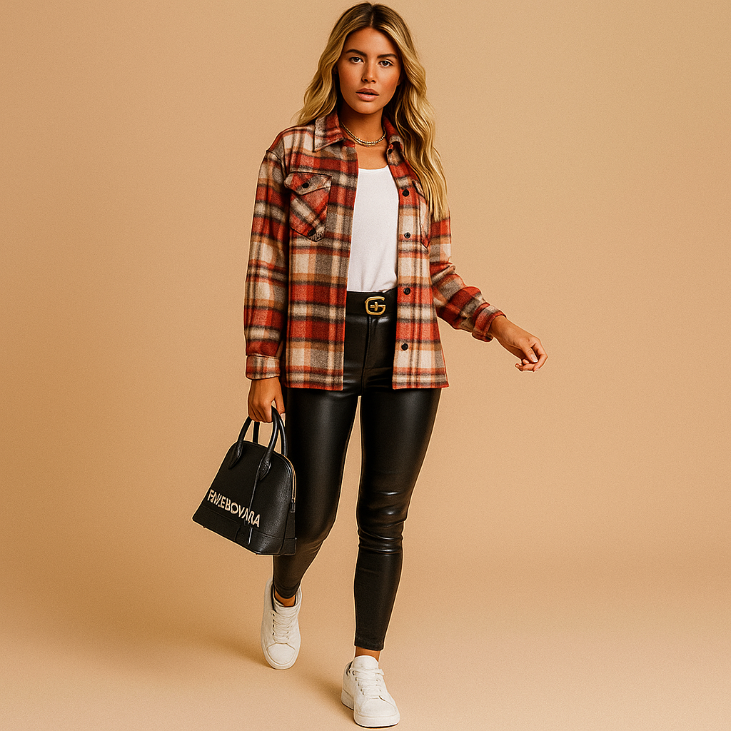 Warm plaid jacket for women with relaxed fit, soft insulated lining, and timeless check pattern, ideal for everyday wear and autumn outings.