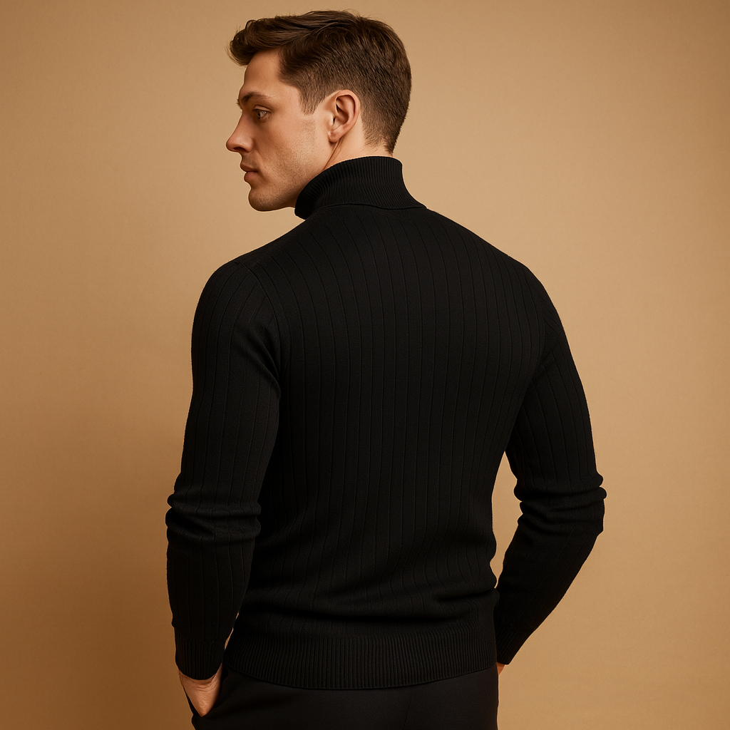 Men’s warm knitted turtleneck sweater in a classic winter design, offering comfort and style for everyday and formal wear.