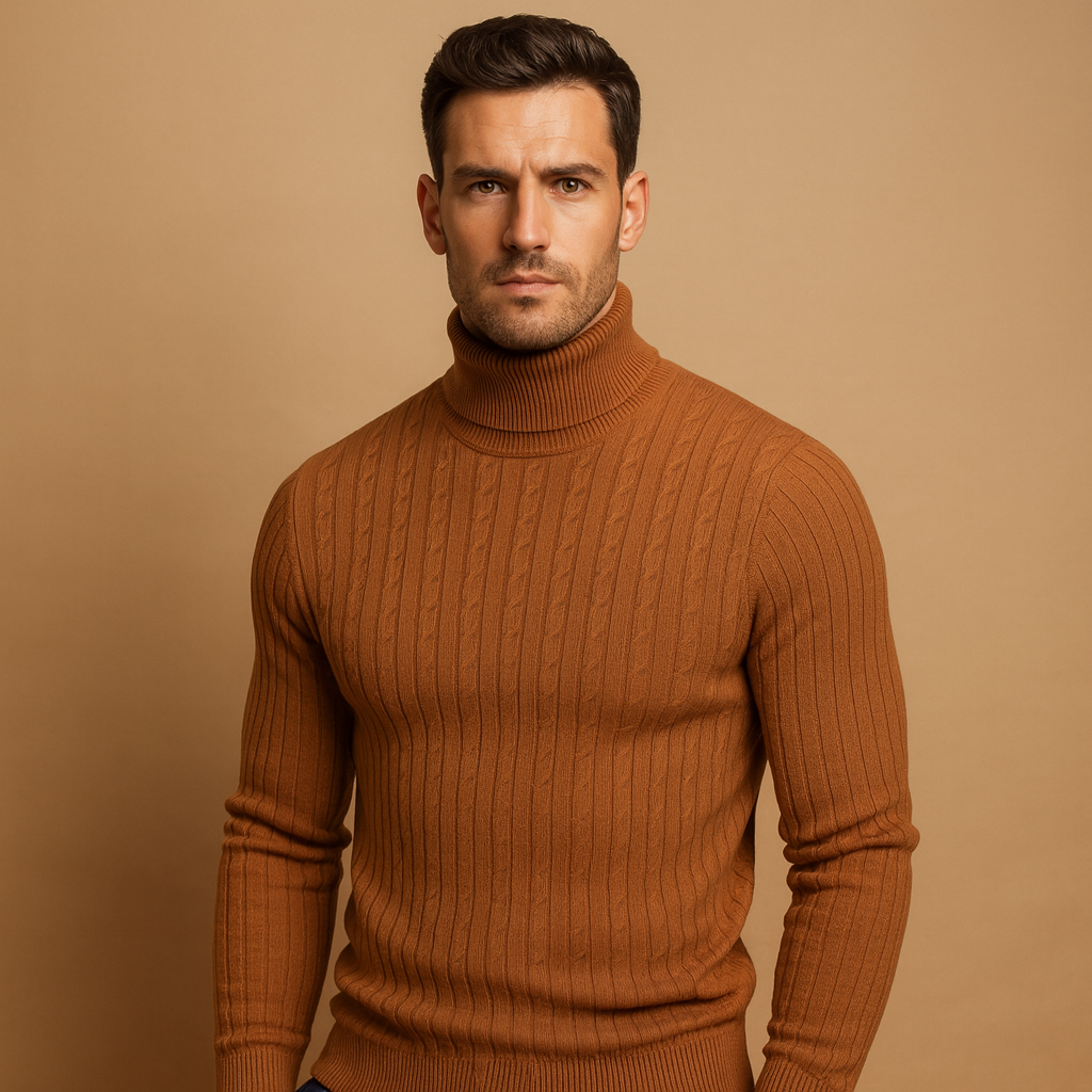Men’s warm knitted turtleneck sweater in a classic winter design, offering comfort and style for everyday and formal wear.