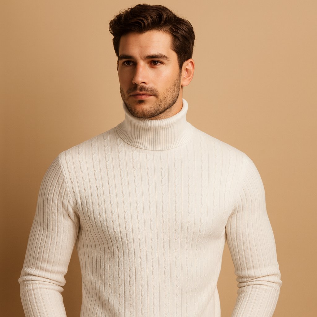 Men’s warm knitted turtleneck sweater in a classic winter design, offering comfort and style for everyday and formal wear.