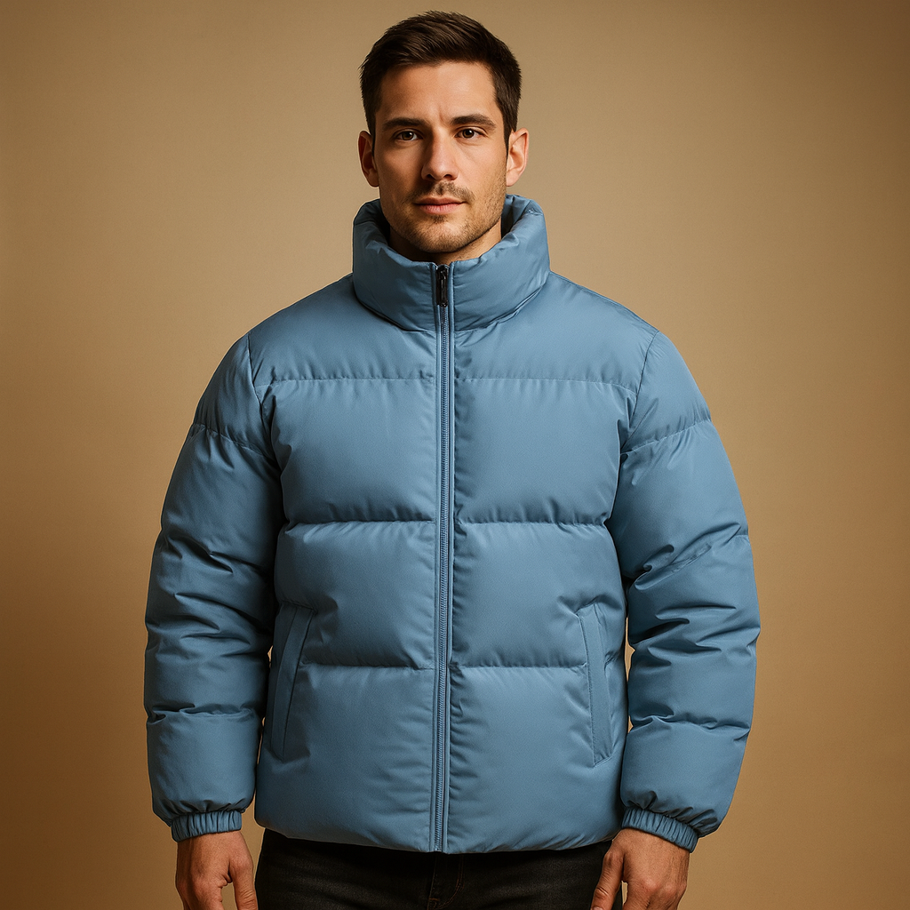 Men’s warm winter jacket with a high collar, premium insulation, and regular fit, suitable for daily outings and winter evenings.