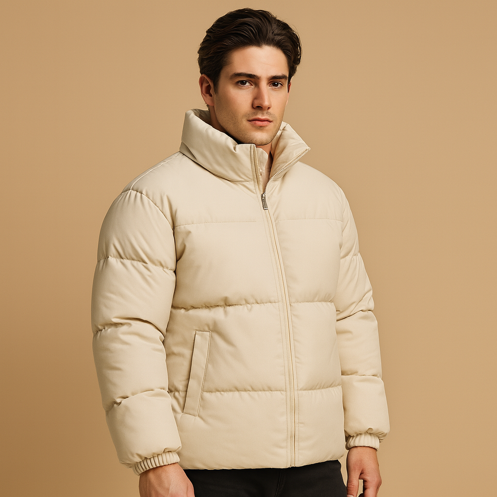 Men’s warm winter jacket with a high collar, premium insulation, and regular fit, suitable for daily outings and winter evenings.