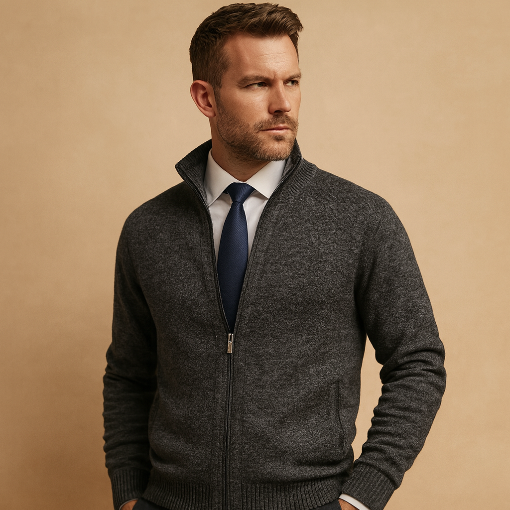 Men’s warm zip-up cardigan with modern design and soft fabric, ideal for autumn and winter casual or sporty outfits.