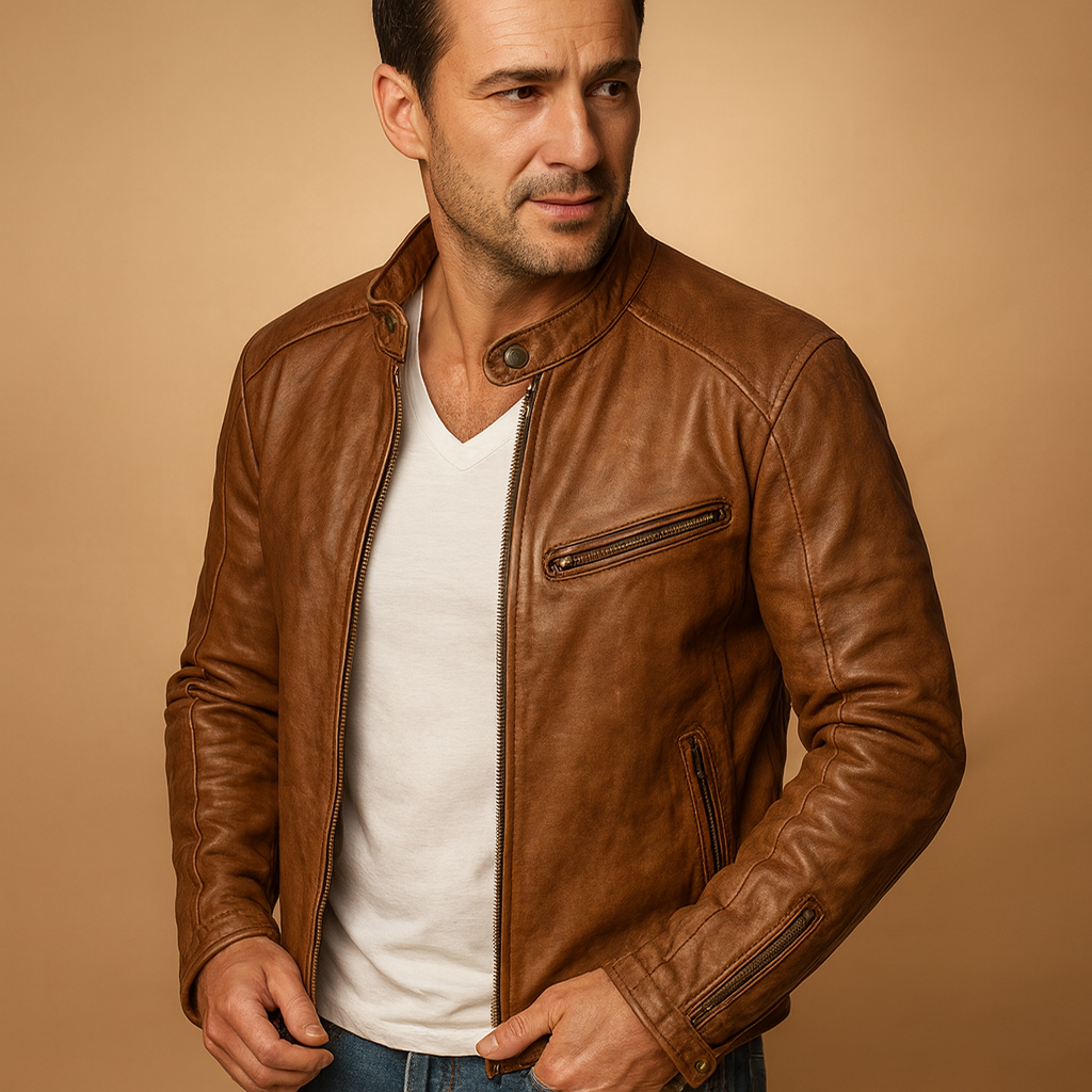 Men’s waterproof biker jacket with a zip closure and slim fit, suitable for daily wear, commuting, and city adventures in rainy weather.