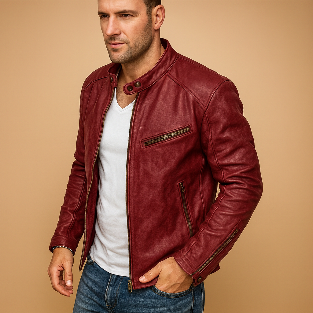 Men’s waterproof biker jacket with a zip closure and slim fit, suitable for daily wear, commuting, and city adventures in rainy weather.