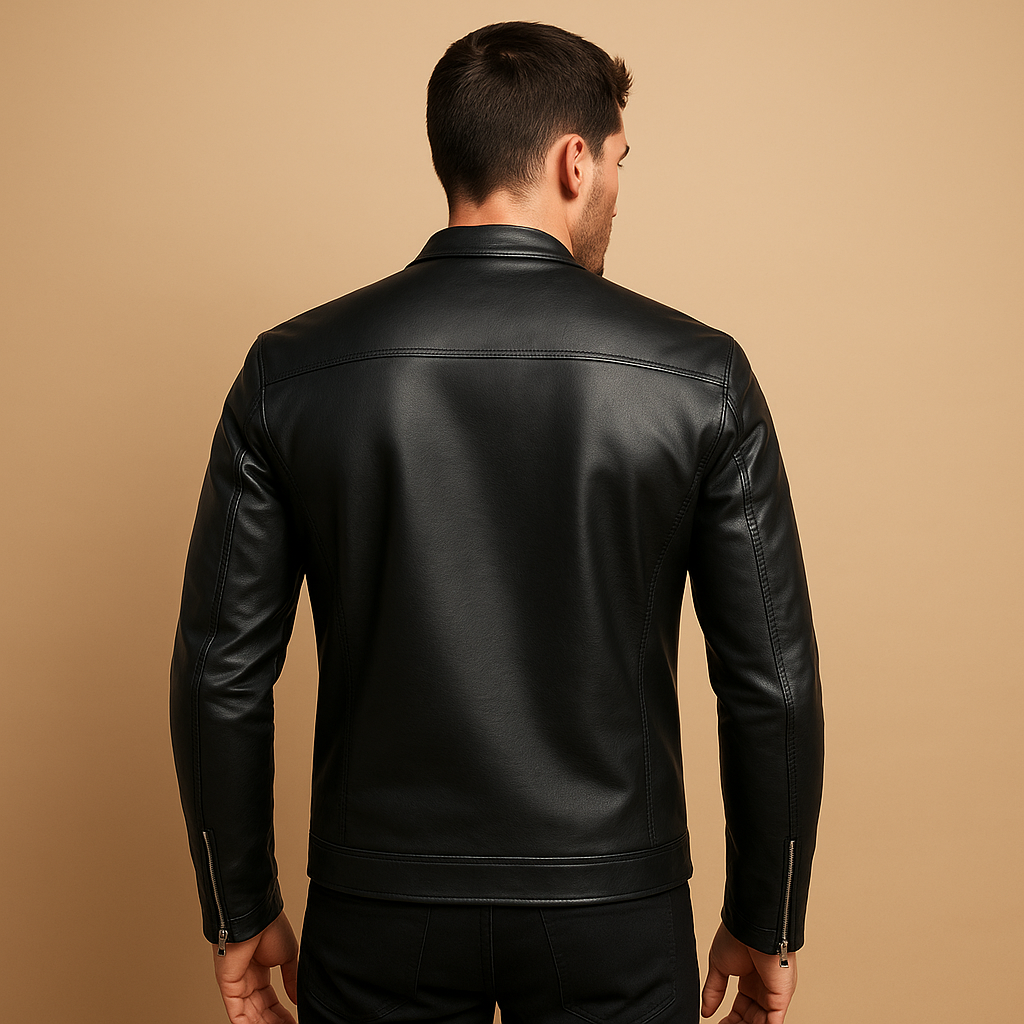 Men’s waterproof biker jacket in classic black with a tailored fit and soft inner lining, suitable for everyday wear, casual outings, and motor rides.