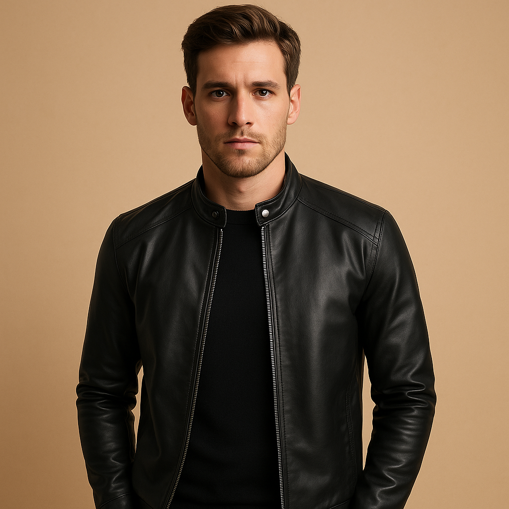 Men’s waterproof biker jacket in classic black with a tailored fit and soft inner lining, suitable for everyday wear, casual outings, and motor rides.