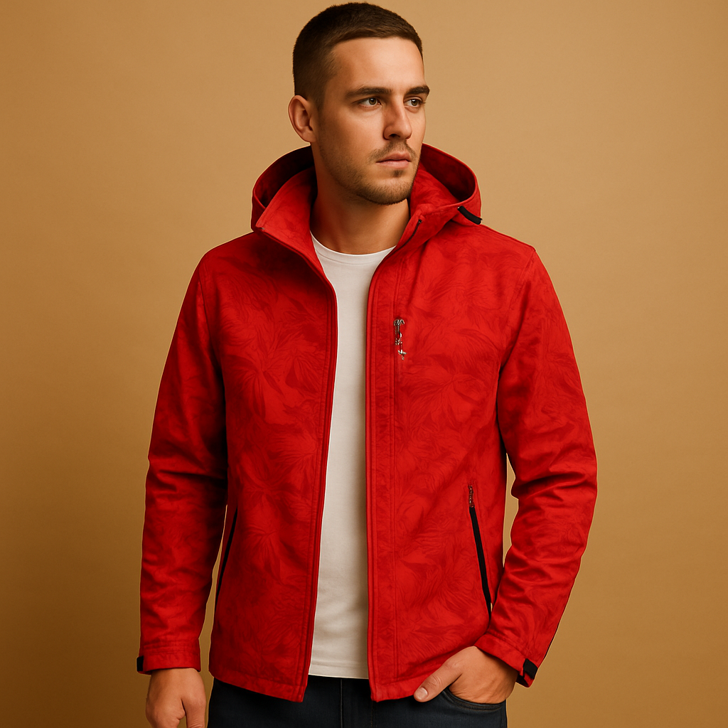 Men’s waterproof outdoor jacket with a breathable design, adjustable hood, zip pockets, and a subtle leaf pattern for daily wear and outdoor activities.