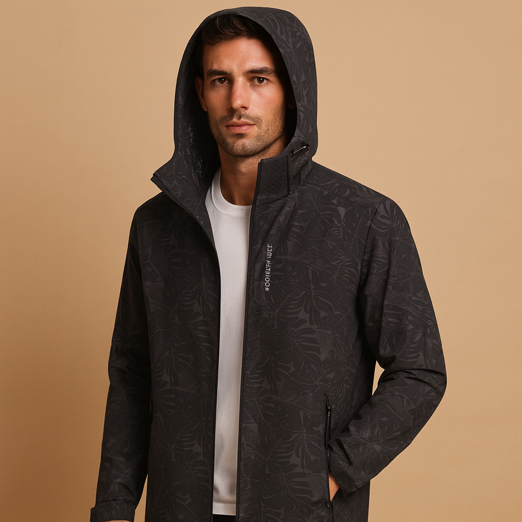 Men’s waterproof outdoor jacket with a breathable design, adjustable hood, zip pockets, and a subtle leaf pattern for daily wear and outdoor activities.