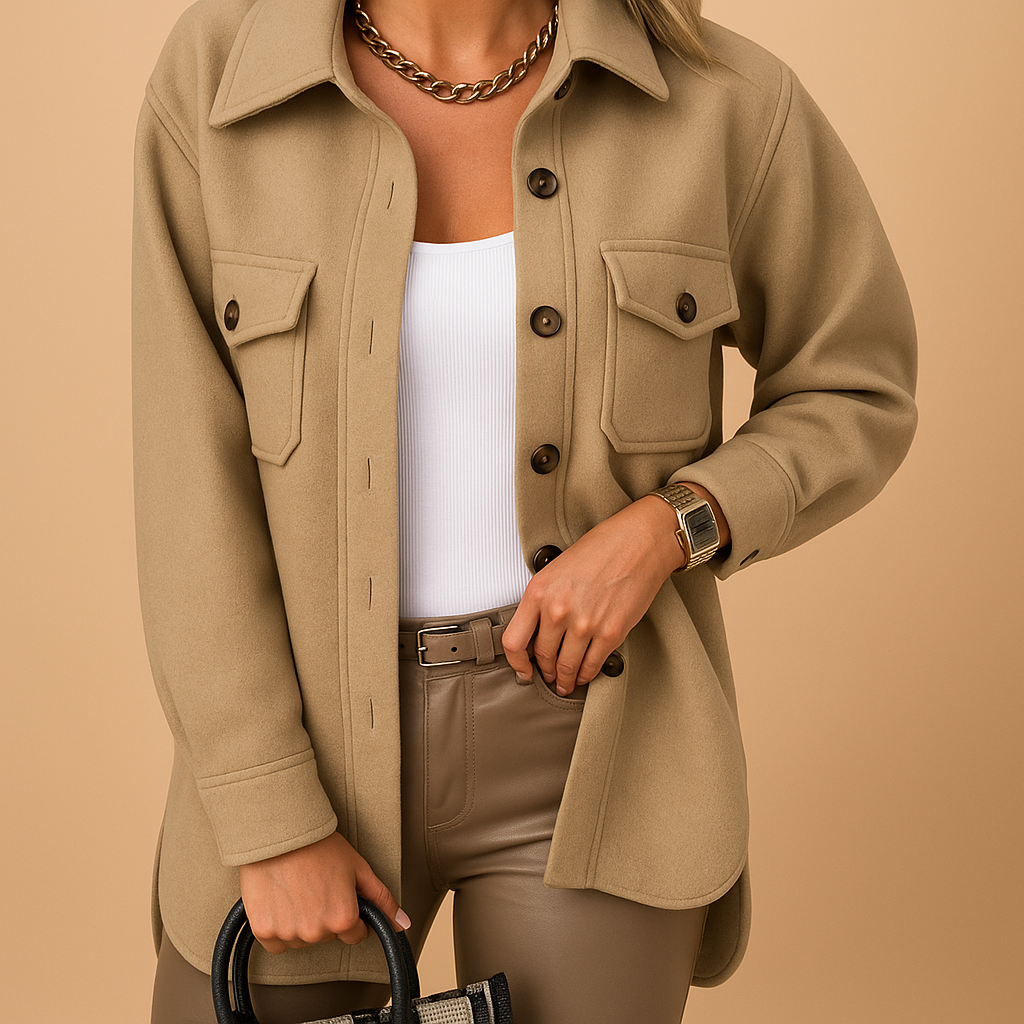 Woman wearing a waterproof tailored jacket with a structured collar, button closure, and pockets, suitable for work and casual outfits.