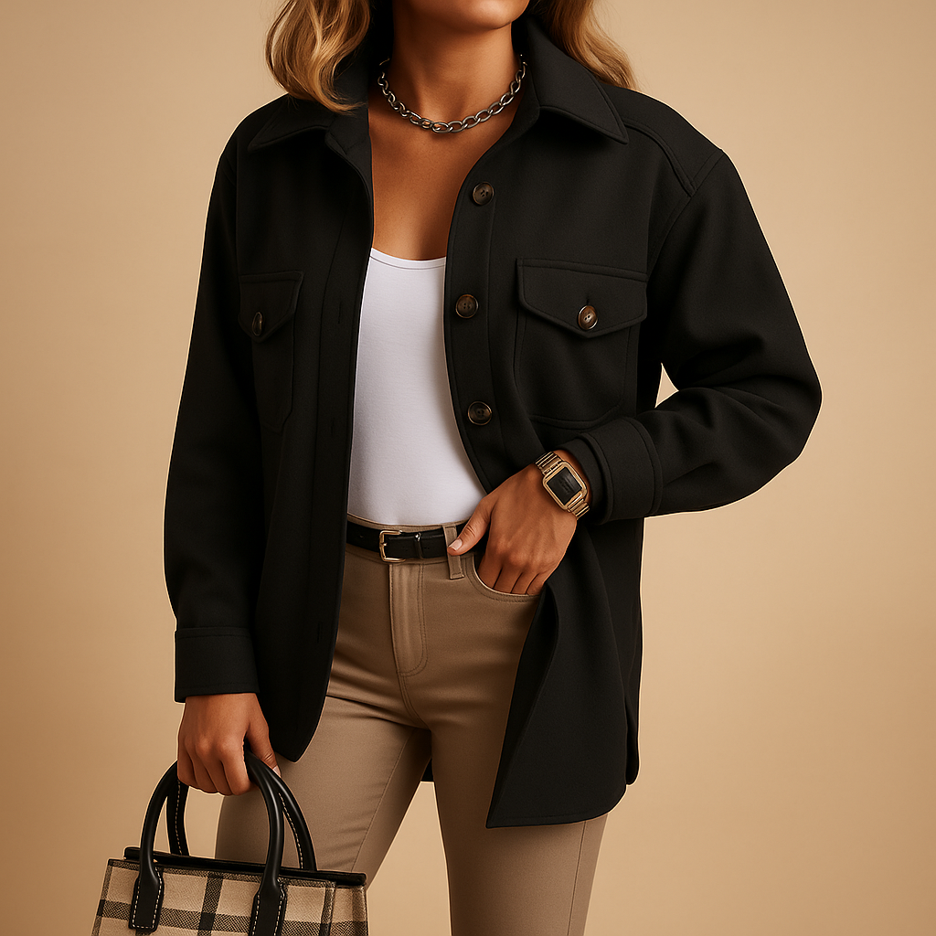 Woman wearing a waterproof tailored jacket with a structured collar, button closure, and pockets, suitable for work and casual outfits.