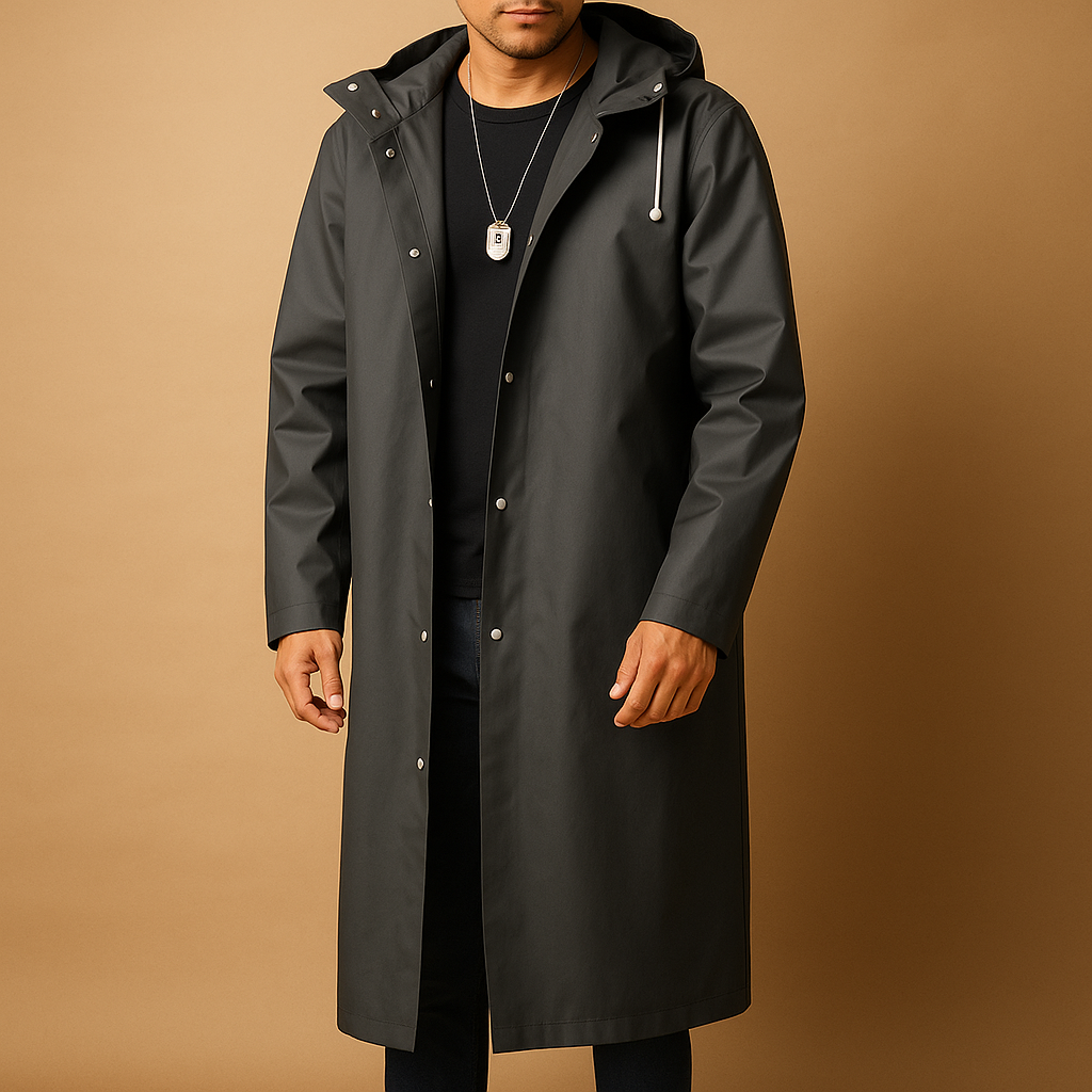 Men’s waterproof long raincoat with extended coverage, suitable for walking, camping, and outdoor activities in rainy weather.