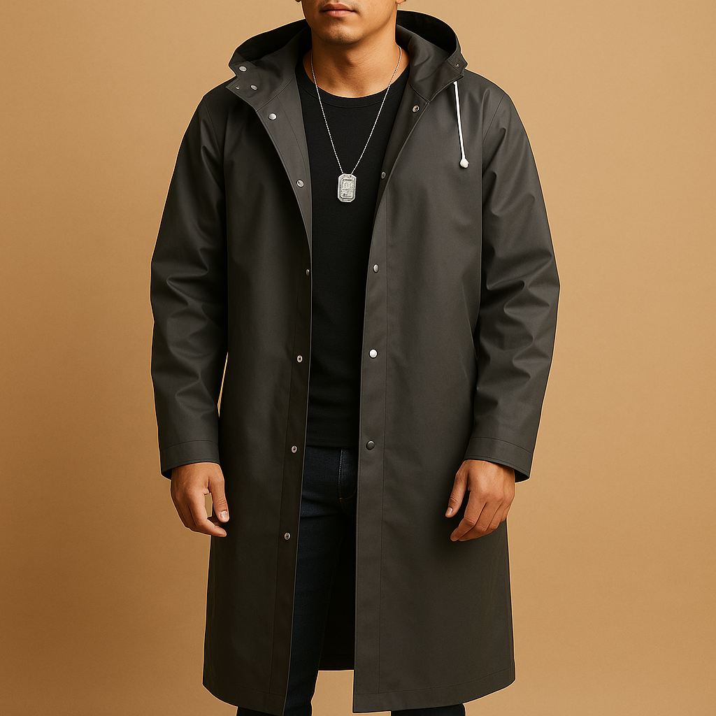 Men’s waterproof long raincoat with extended coverage, suitable for walking, camping, and outdoor activities in rainy weather.