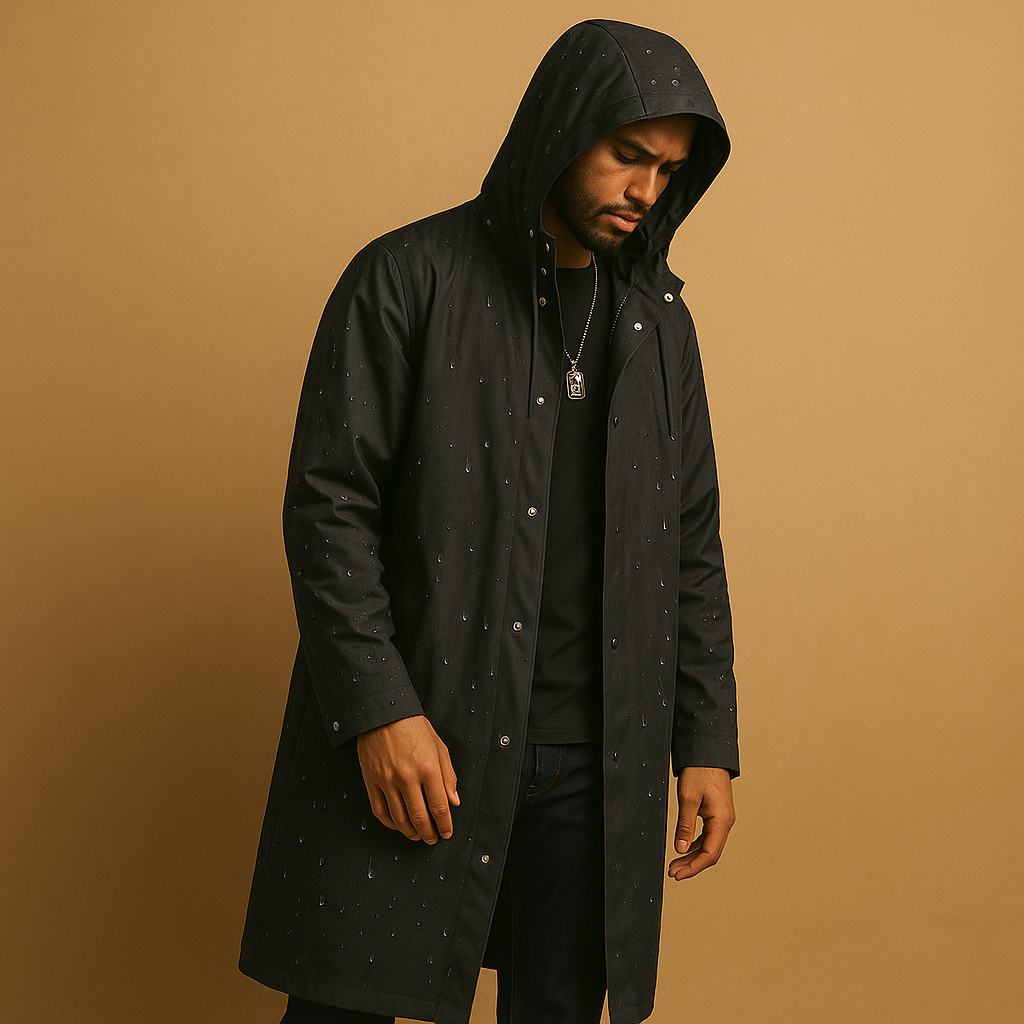 Men’s waterproof long raincoat with extended coverage, suitable for walking, camping, and outdoor activities in rainy weather.