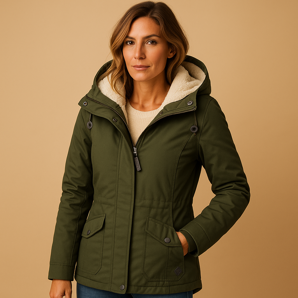 Woman wearing a waterproof parka with adjustable waist, two-way zipper, and windproof exterior, ideal for wet and windy weather.