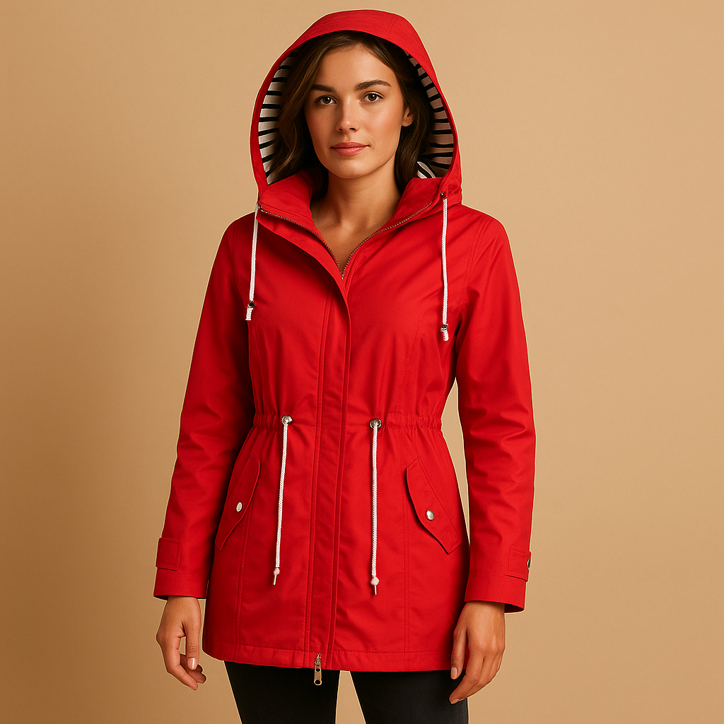 Woman wearing a waterproof parka with adjustable waist, two-way zipper, and windproof exterior, ideal for wet and windy weather.