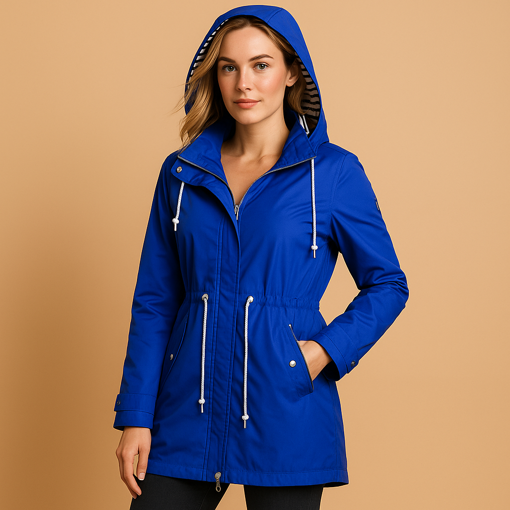 Woman wearing a waterproof parka with adjustable waist, two-way zipper, and windproof exterior, ideal for wet and windy weather.