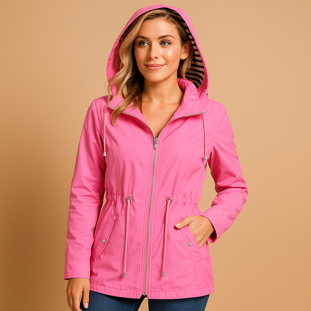 Woman wearing a waterproof parka with adjustable waist, two-way zipper, and windproof exterior, ideal for wet and windy weather.