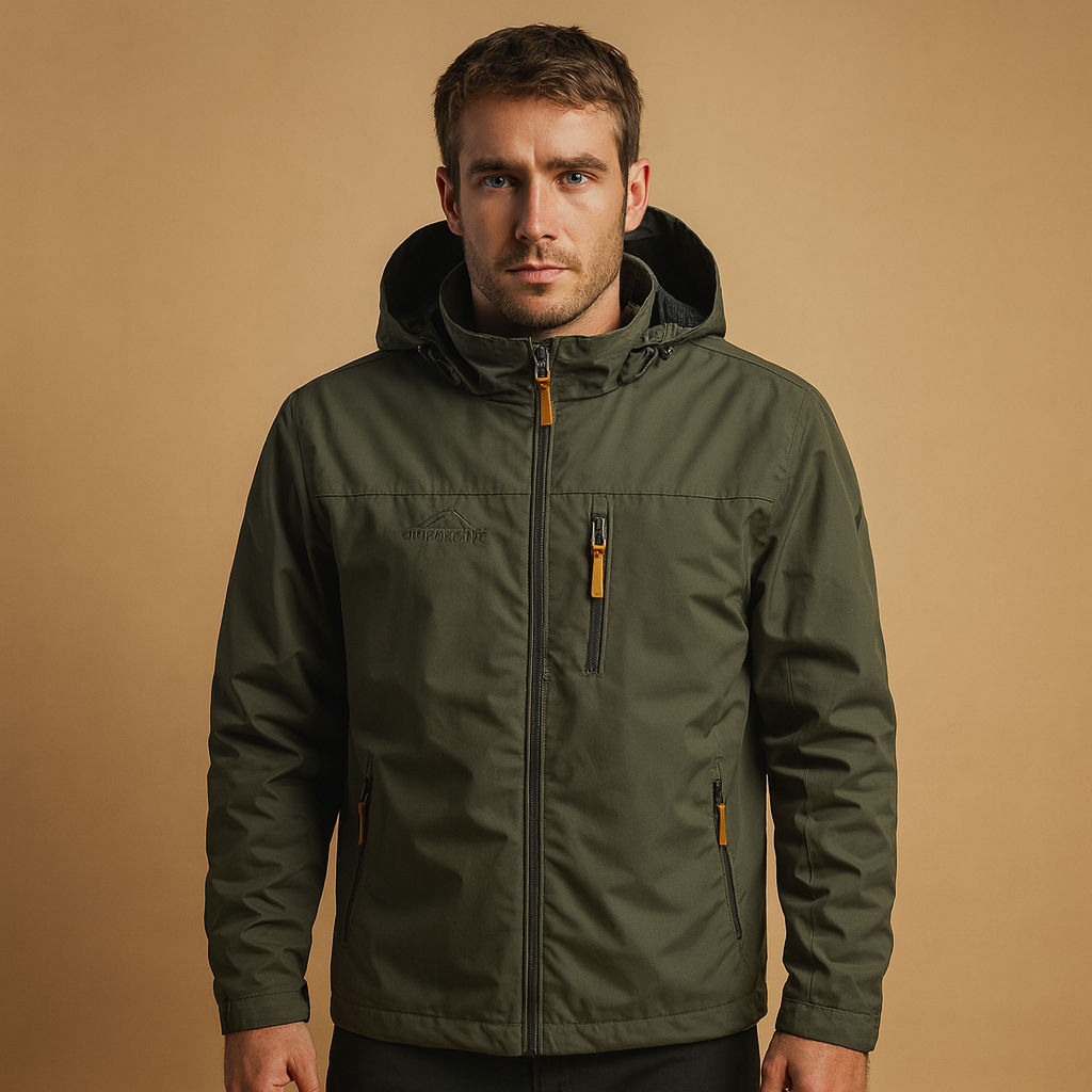 Men’s waterproof rain jacket with adjustable hood and breathable design, suitable for daily wear, city walks, and outdoor adventures.