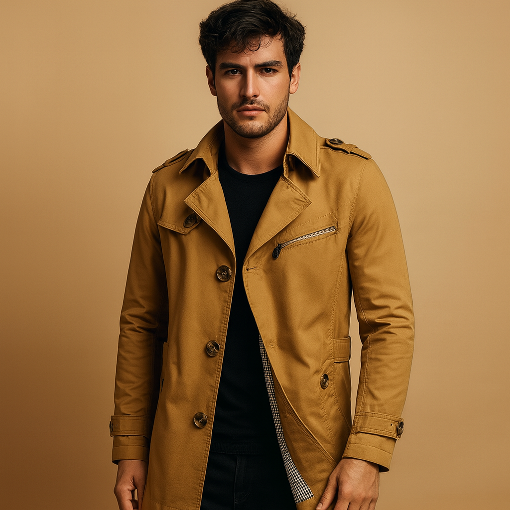 Men’s waterproof trench coat with a classic double-breasted design, offering wind-resistant protection and a comfortable fit for everyday and formal wear.