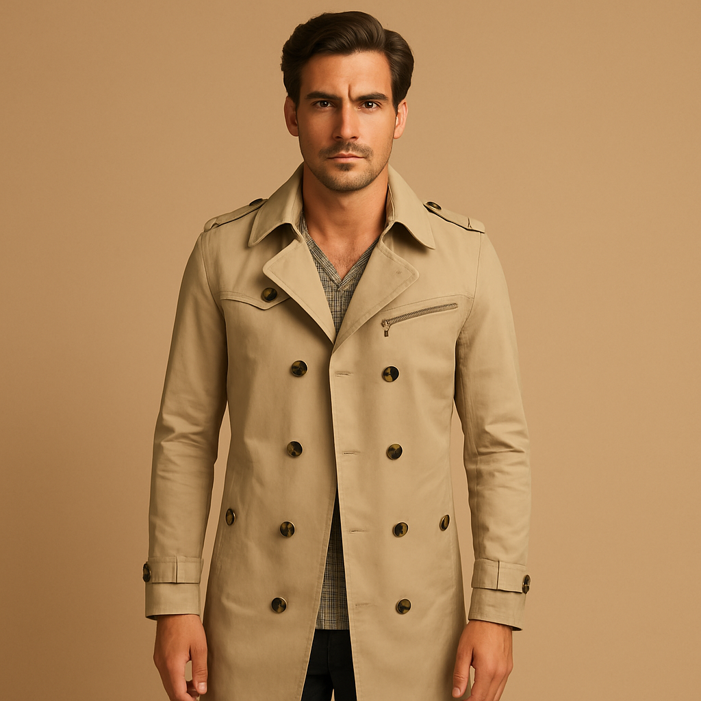 Men’s waterproof trench coat with a classic double-breasted design, offering wind-resistant protection and a comfortable fit for everyday and formal wear.