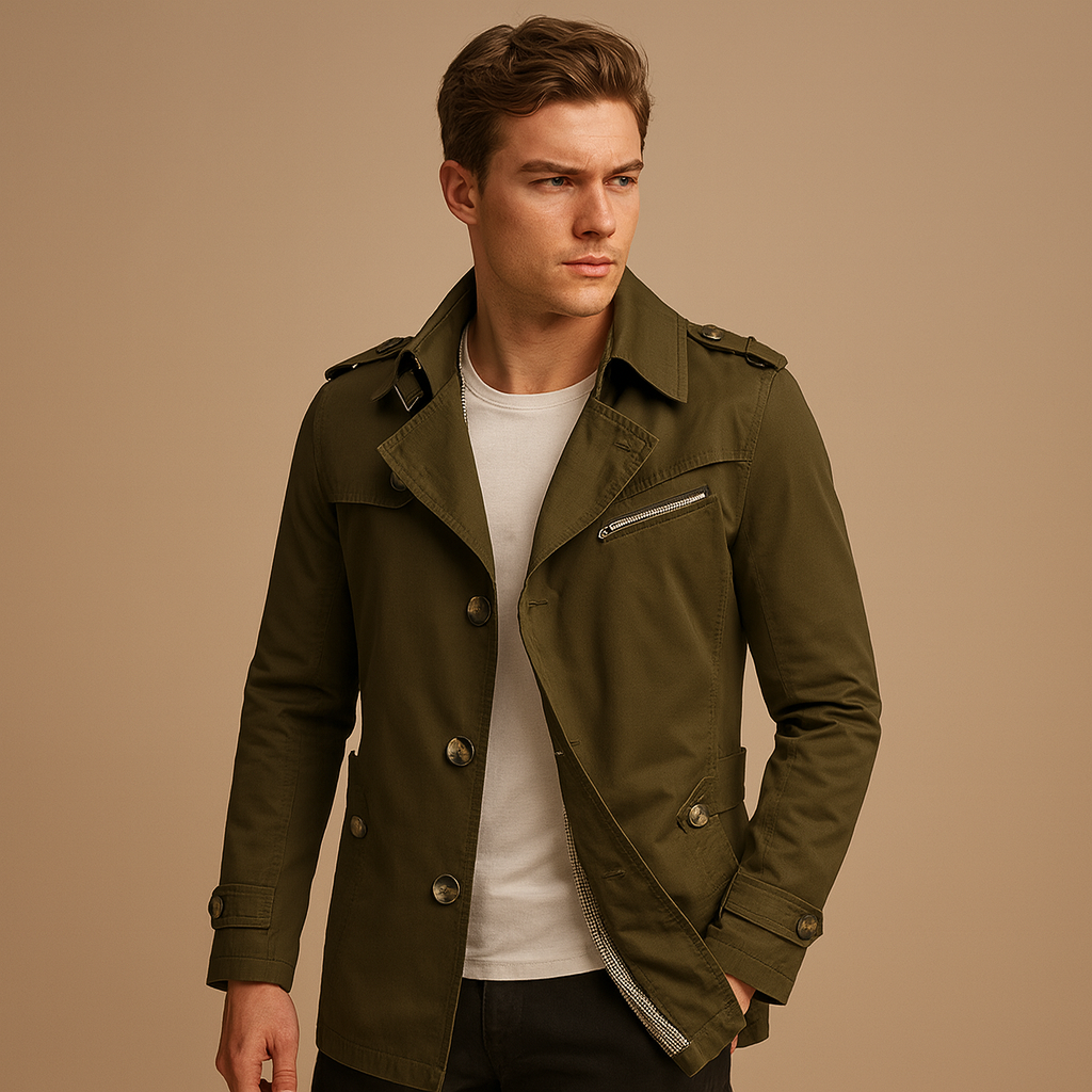 Men’s waterproof trench coat with a classic double-breasted design, offering wind-resistant protection and a comfortable fit for everyday and formal wear.