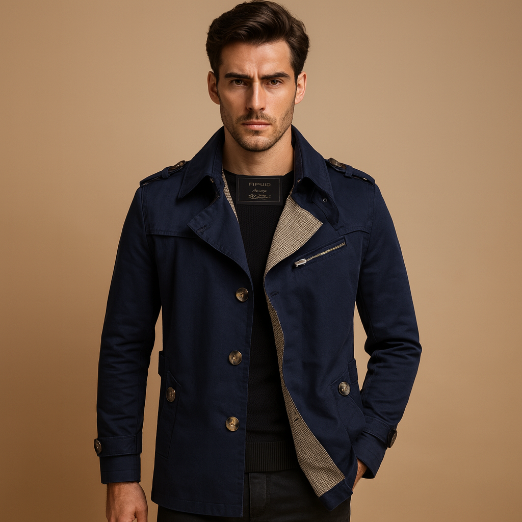 Men’s waterproof trench coat with a classic double-breasted design, offering wind-resistant protection and a comfortable fit for everyday and formal wear.