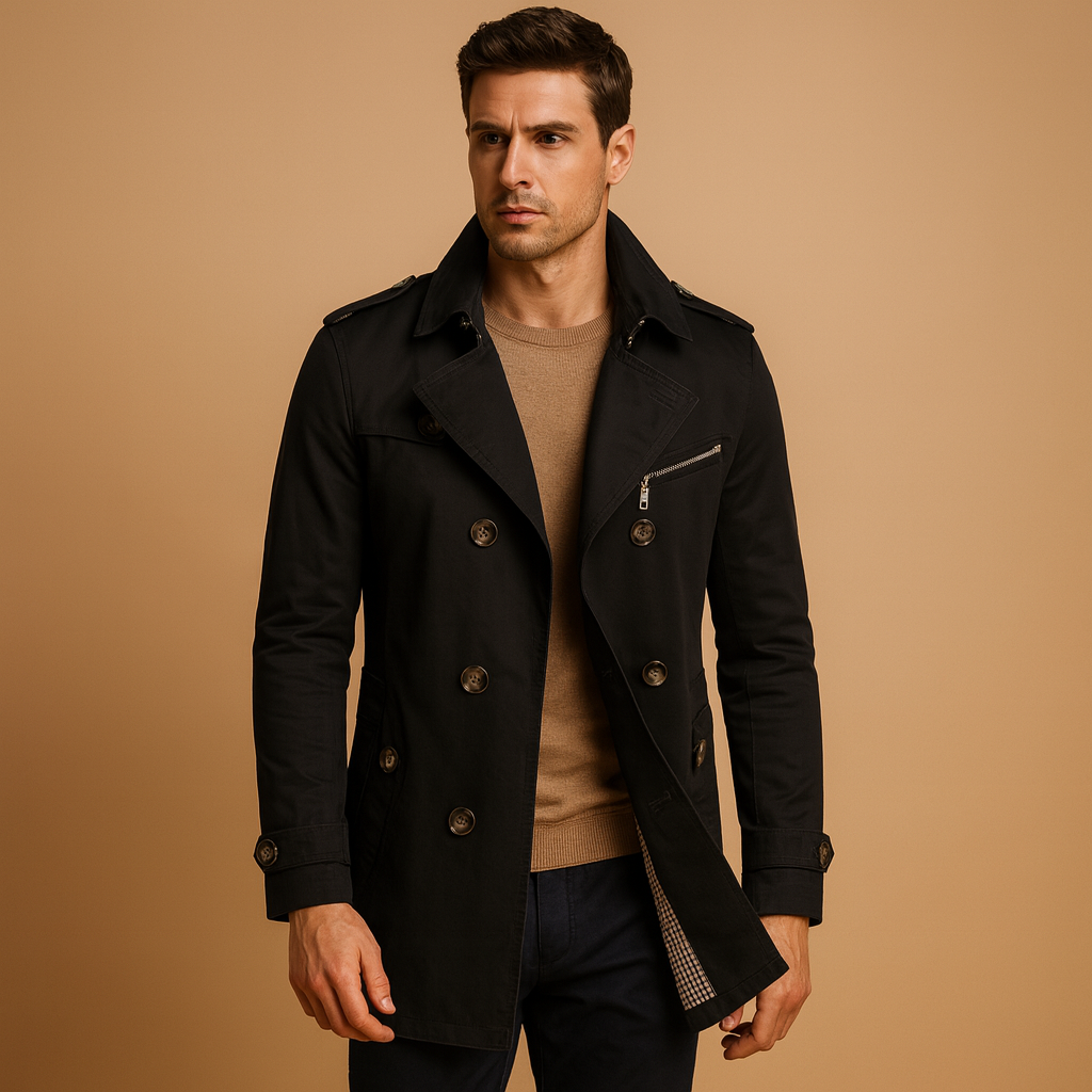 Men’s waterproof trench coat with a classic double-breasted design, offering wind-resistant protection and a comfortable fit for everyday and formal wear.