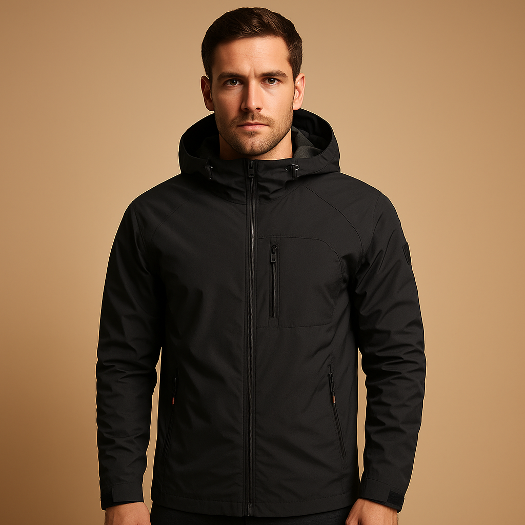 Men’s waterproof windbreaker jacket with breathable design and zip pockets, suitable for outdoor activities, sports, and everyday wear.
