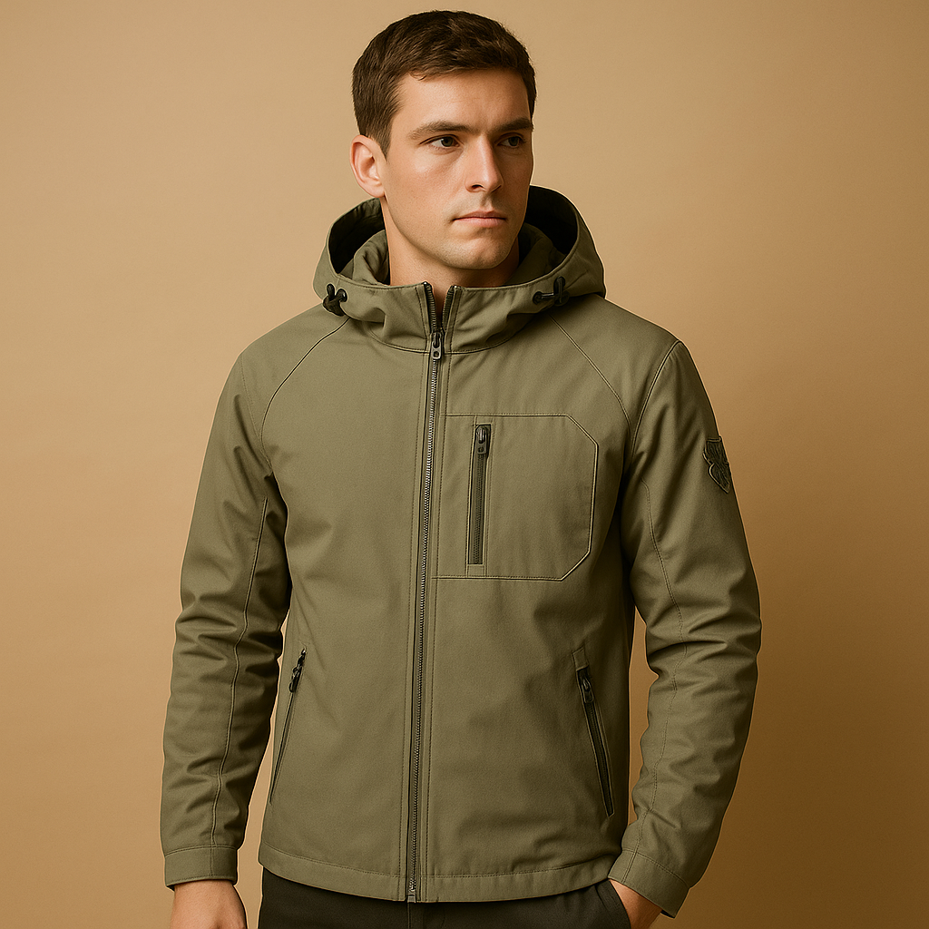 Men’s waterproof windbreaker jacket with breathable design and zip pockets, suitable for outdoor activities, sports, and everyday wear.