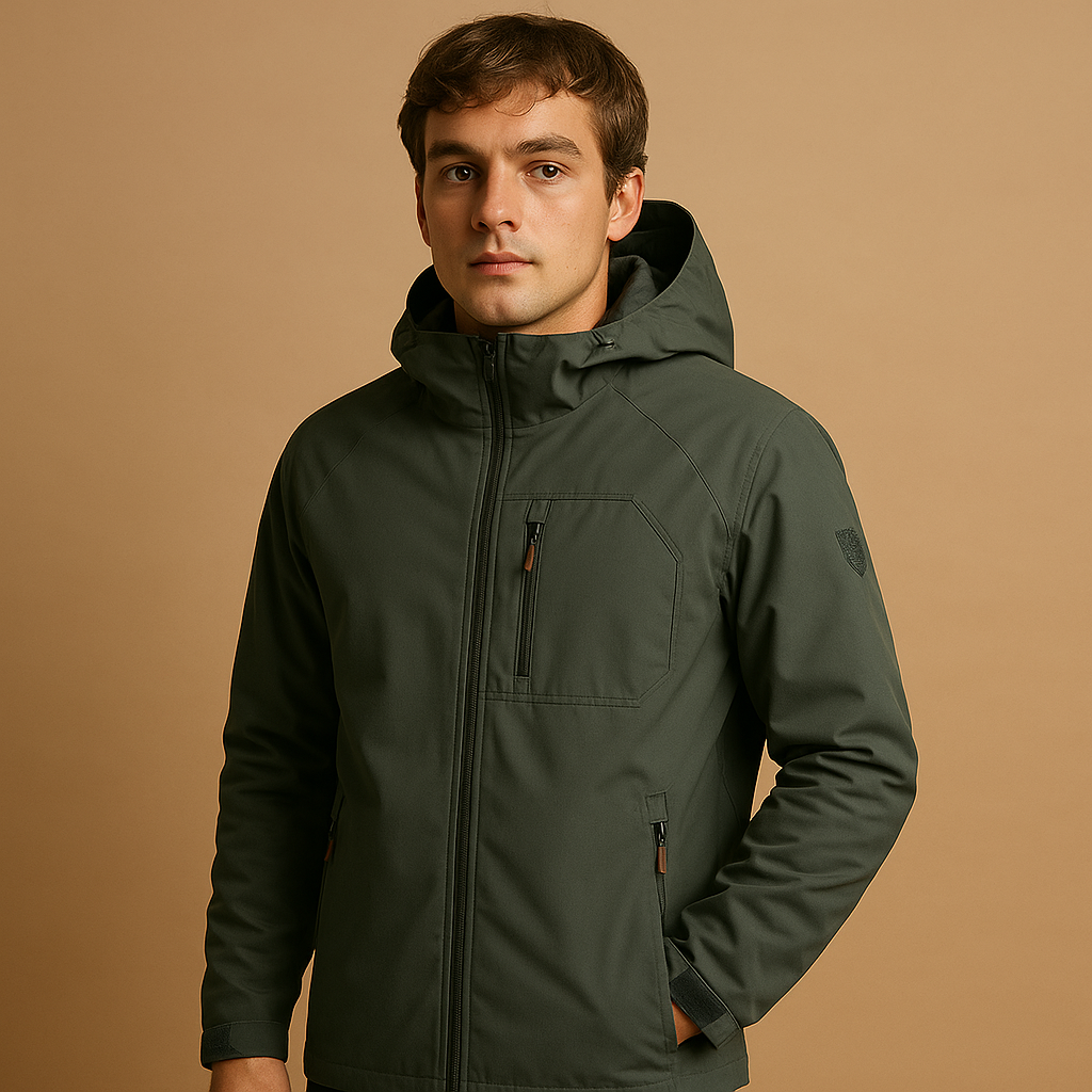 Men’s waterproof windbreaker jacket with breathable design and zip pockets, suitable for outdoor activities, sports, and everyday wear.