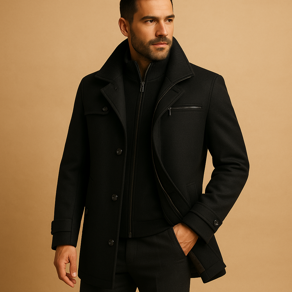 Men’s waterproof winter jacket with adjustable cuffs and practical pockets, suitable for commuting, winter walks, and outdoor activities.