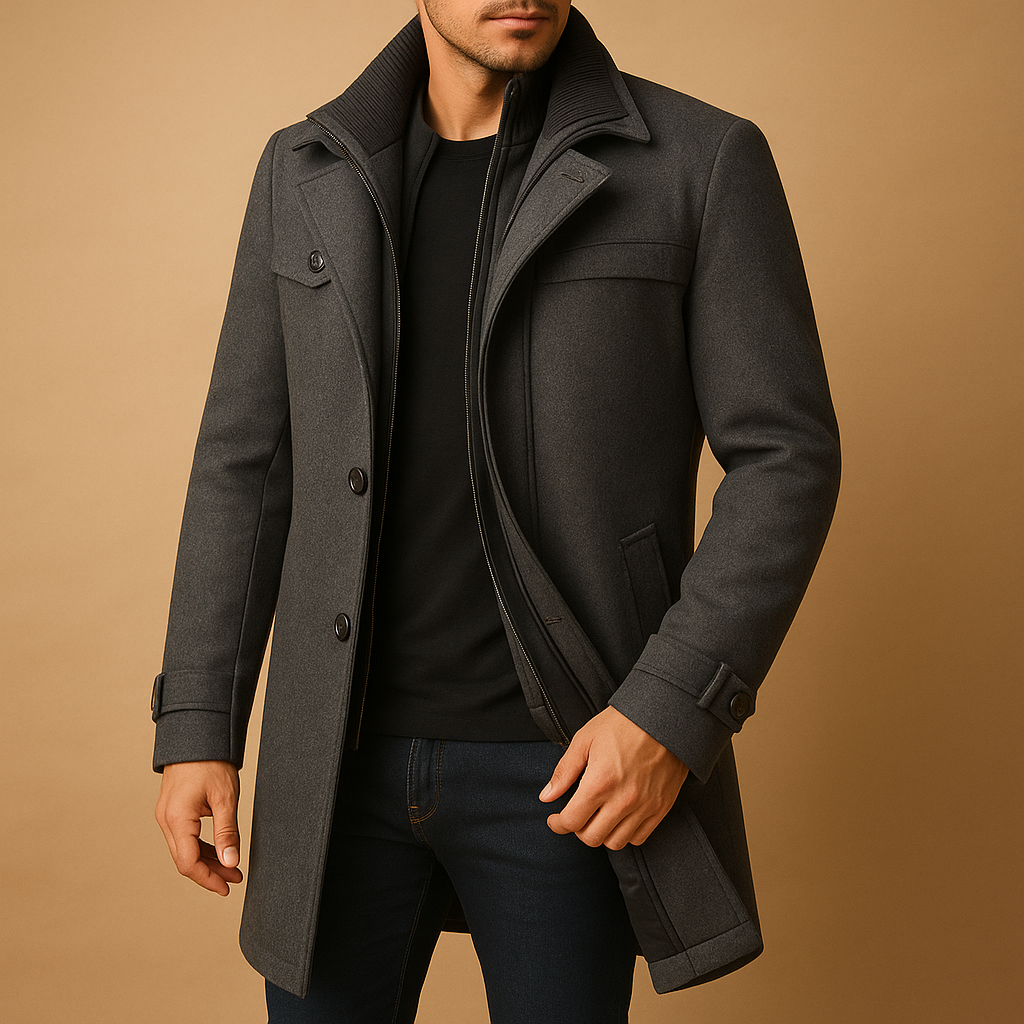 Men’s waterproof winter jacket with adjustable cuffs and practical pockets, suitable for commuting, winter walks, and outdoor activities.