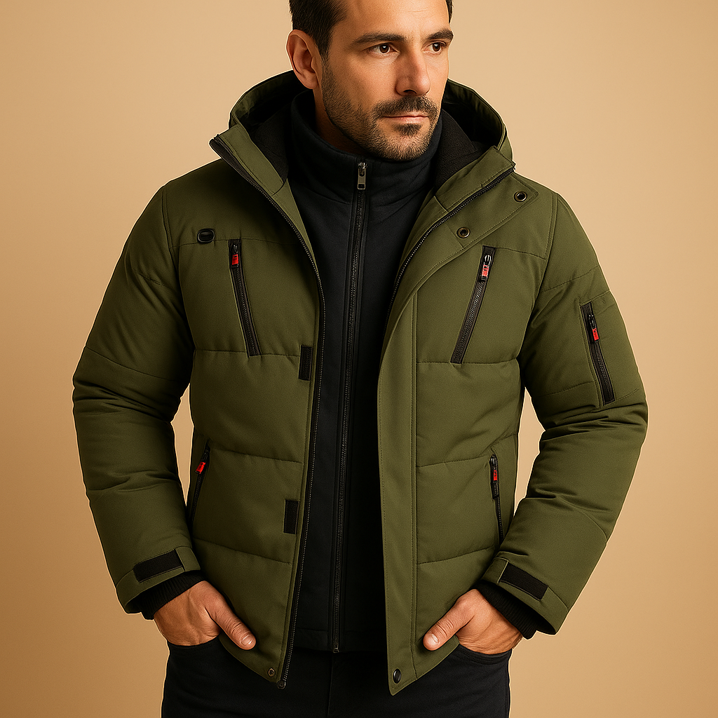 Men’s waterproof winter jacket with insulating lining, adjustable hood, and practical pockets, suitable for commuting, outdoor activities, and daily winter wear.