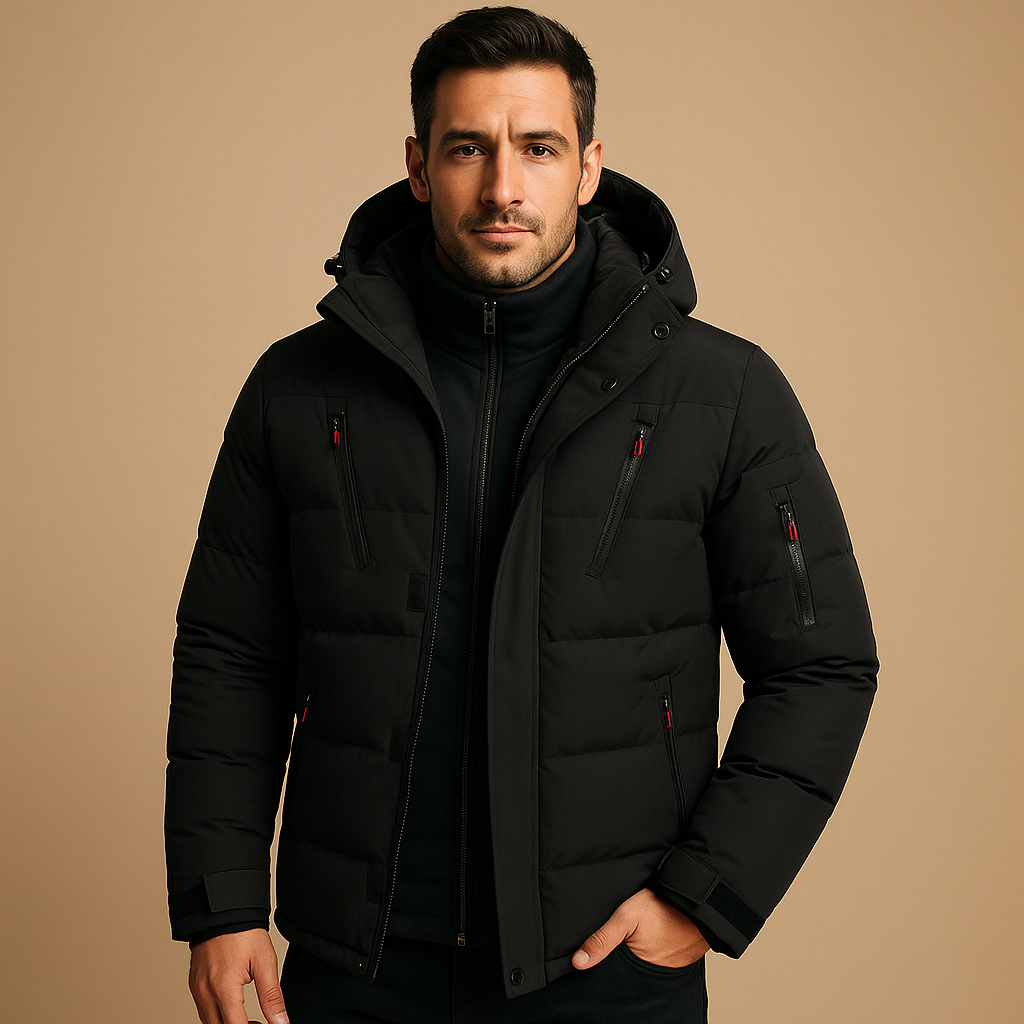 Men’s waterproof winter jacket with insulating lining, adjustable hood, and practical pockets, suitable for commuting, outdoor activities, and daily winter wear.