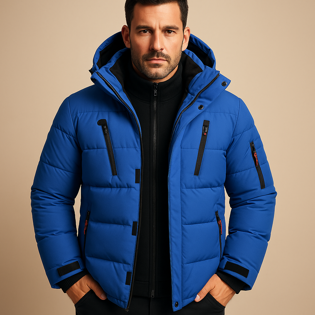 Men’s waterproof winter jacket with insulating lining, adjustable hood, and practical pockets, suitable for commuting, outdoor activities, and daily winter wear.