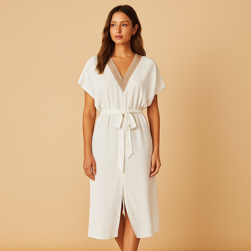 Women’s white midi dress with V-neck and flowing silhouette, ideal for brunch, formal gatherings, dinners, and elegant occasions.
