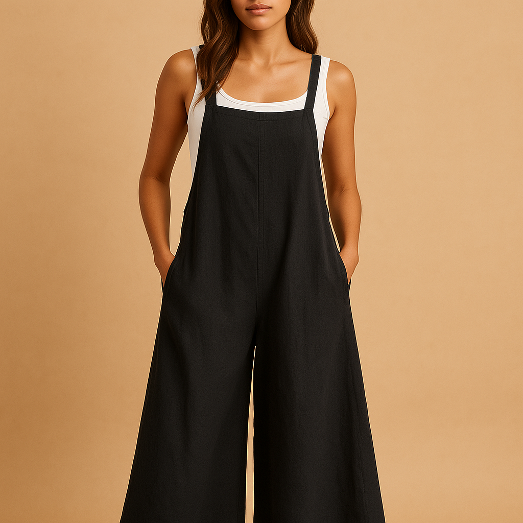 Woman wearing a loose wide-leg cotton-linen jumpsuit in a summer setting, perfect for warm days, casual outings, and relaxed moments.