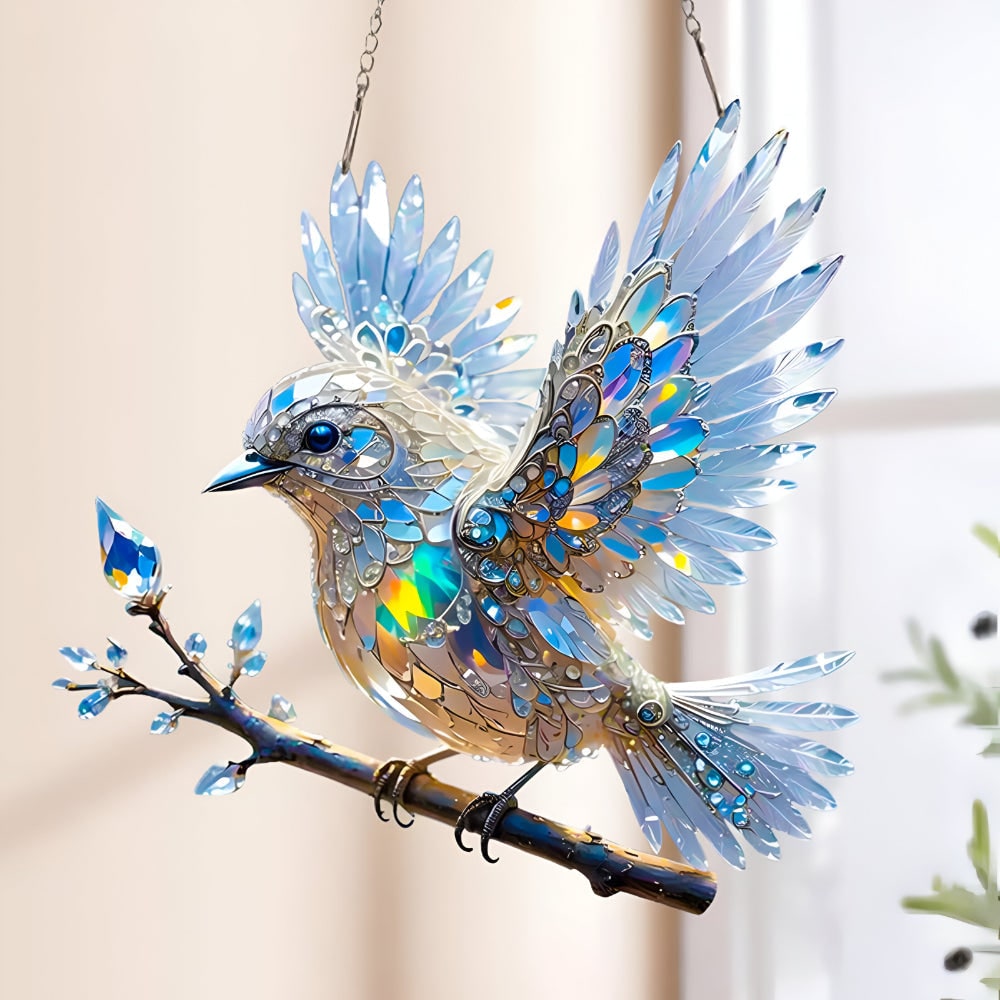 Window Suncatcher with Stained Glass Bird Design and Hanging Chain - Image 1