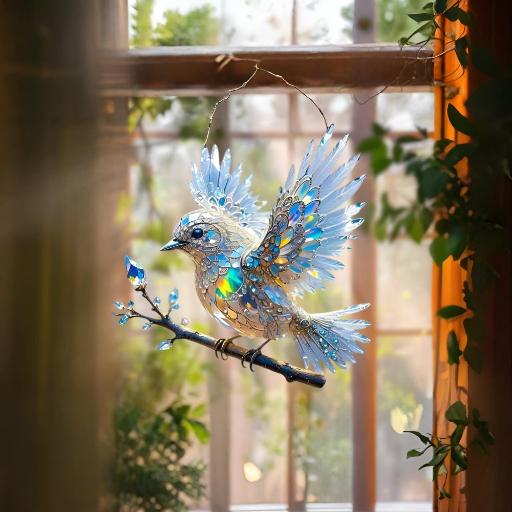 Window Suncatcher with Stained Glass Bird Design and Hanging Chain - Image 2