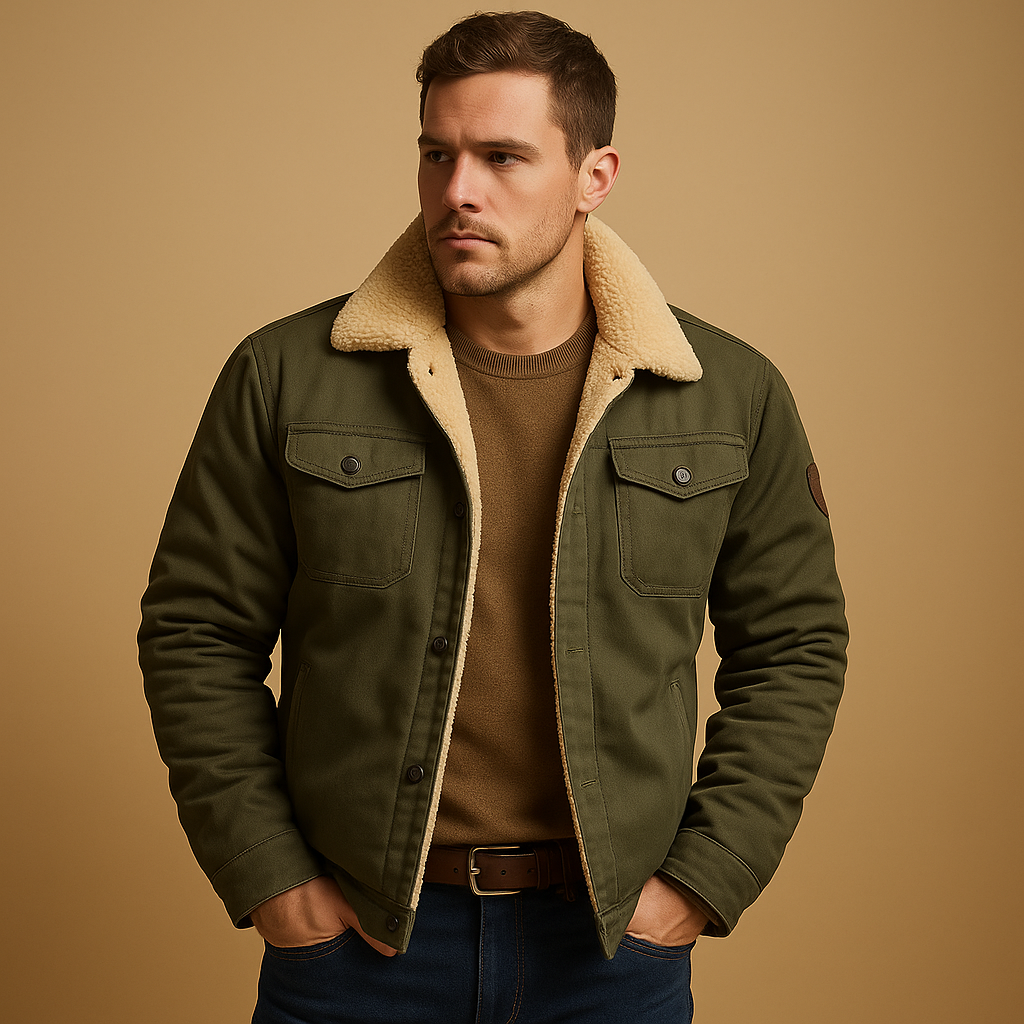 Men’s winter bomber jacket with ribbed cuffs and insulating lining, suitable for casual outfits and winter outings.