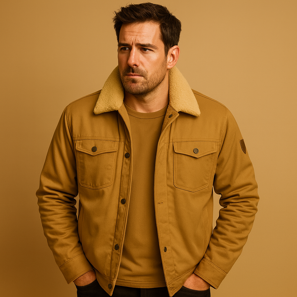 Men’s winter bomber jacket with ribbed cuffs and insulating lining, suitable for casual outfits and winter outings.