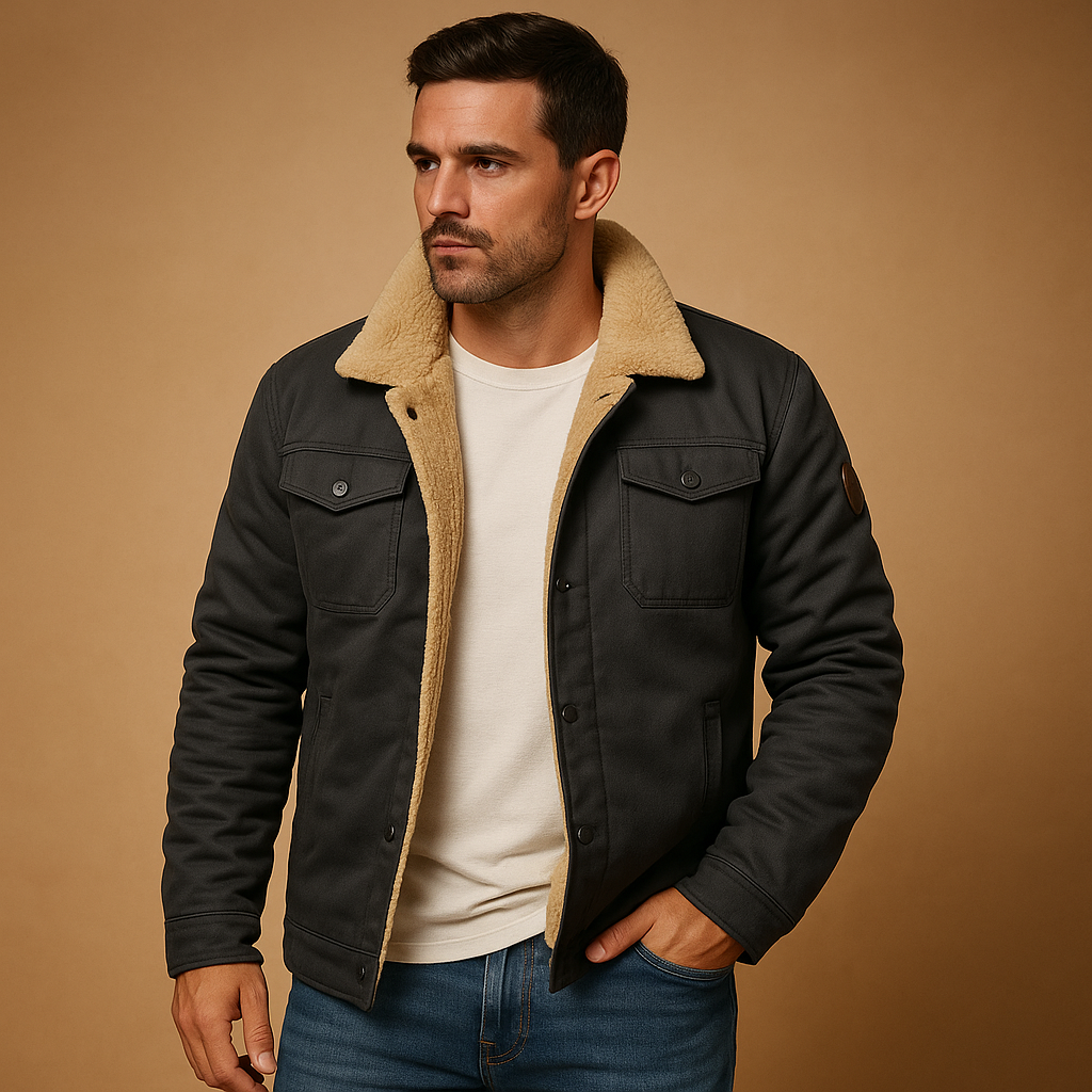 Men’s winter bomber jacket with ribbed cuffs and insulating lining, suitable for casual outfits and winter outings.